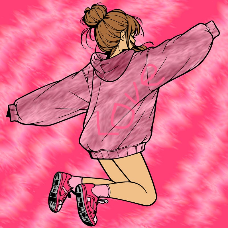 realistic girl jumping with a bun and oversized sweatshirt