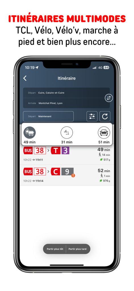 TCL - Smartphone interface of the TCL app showing multimodal transport routes and travel times in Lyon France
