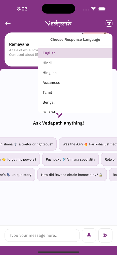 Vedapath app interface showing the language selection menu and interactive chat for ancient Indian texts