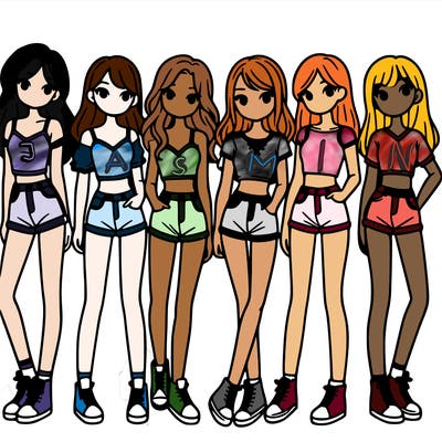 a group of girls wearing crop tops and shorts