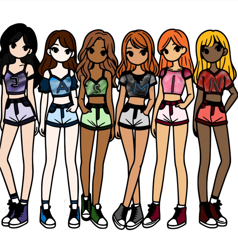 a group of girls wearing crop tops and shorts