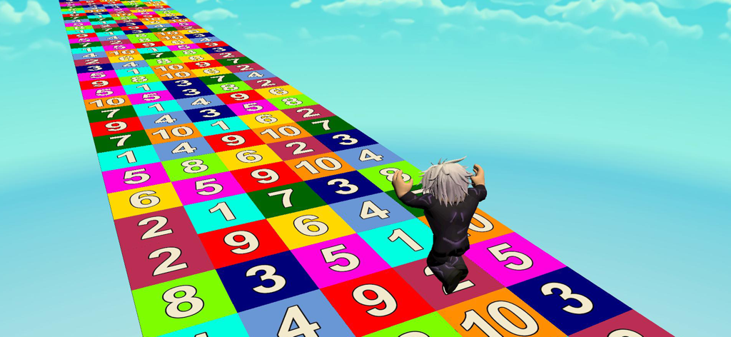 Obby Endless Math Run: 3D Game - Un personnage 3D sautant sur des tuiles numérotées dans un jeu d'obby mathématique coloré.