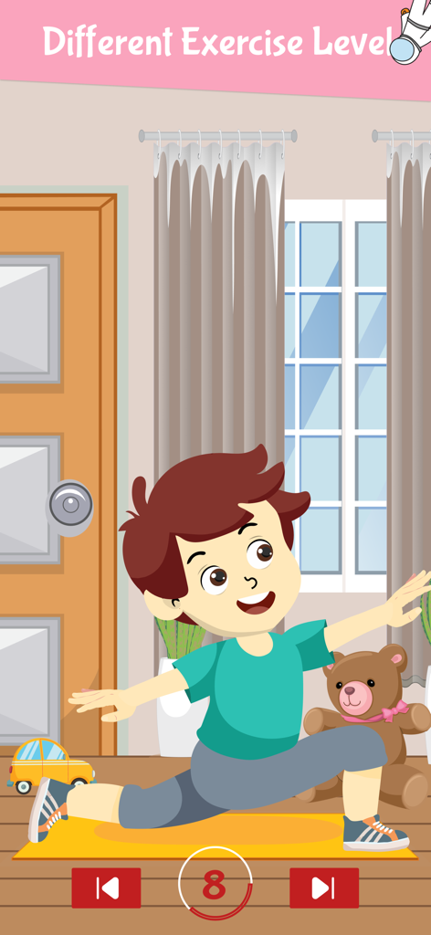 Workout For Kids Height - Animated boy performing a stretching exercise on a mat at home