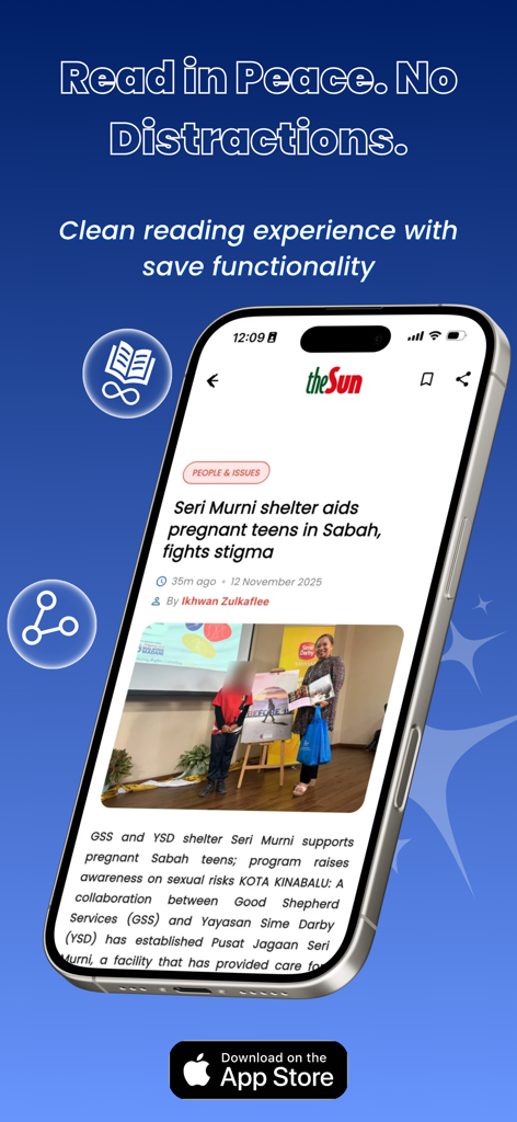 The Sun Malaysia - A mobile phone displaying a clean news article interface for The Sun Malaysia app with the headline Seri Murni shelter aids pregnant teens in Sabah