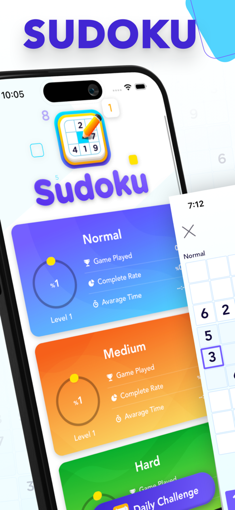Sudoku mobile app menu showing normal medium and hard difficulty levels with game statistics