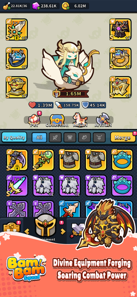 Hero equipment and inventory menu in Bam Bam Squad displaying character stats and gear items