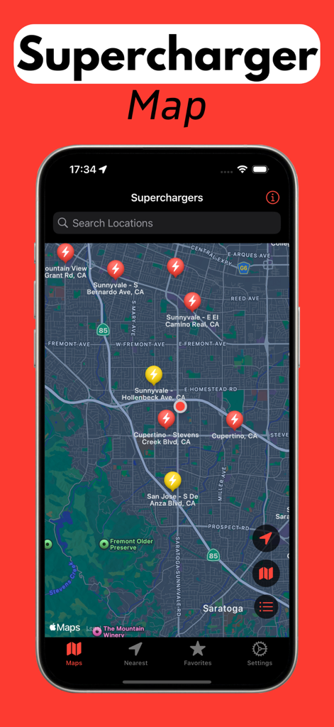 Eine interaktive Karte, die Tesla Supercharger-Standorte in einer Stadt anzeigt.
