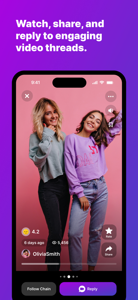 Chainstr: Video Chains - Mobile interface of Chainstr app showing a video thread of two friends and a video reply button