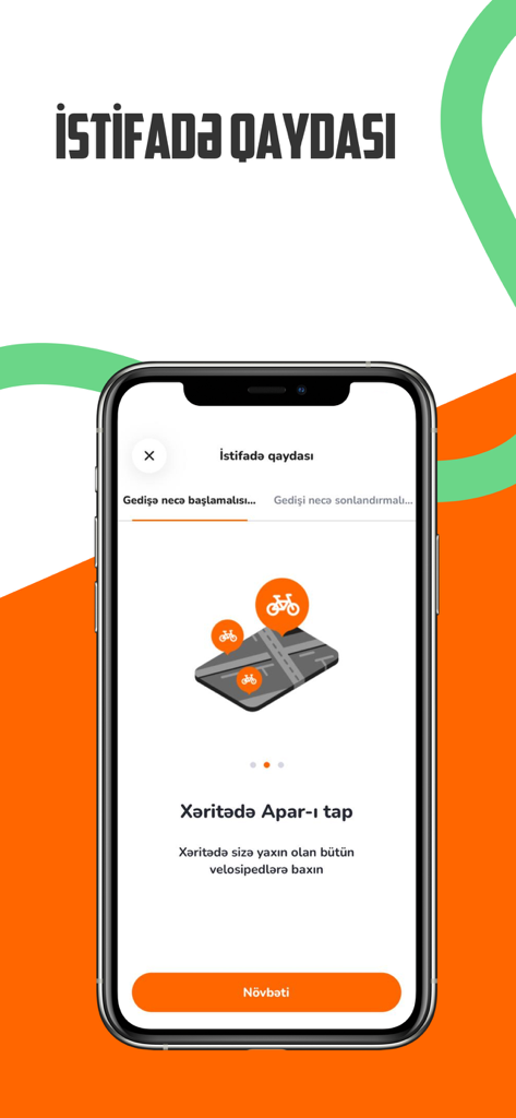Apar - Eco-Transport Solution - Mobile app onboarding screen for Apar showing how to locate bicycles on a map.