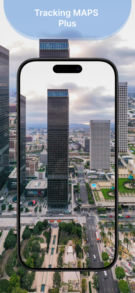 Tracking Maps Max+ - Tracking Maps Max app displaying a high-angle city view on an iPhone screen