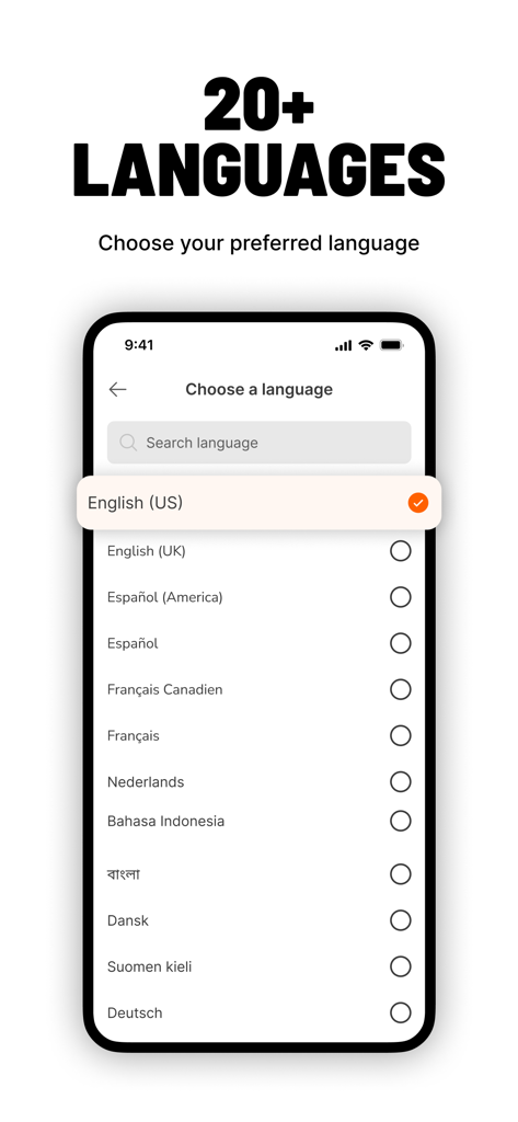 Ria Money Transfer - Pantalla de la aplicación Ria Money Transfer que muestra una lista de más de veinte opciones de idioma para usuarios globales