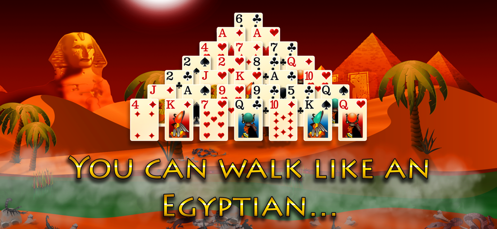 Pyramid Solitaire Mummys Curse - Diseño del juego de cartas Pyramid Solitaire con un fondo de paisaje del Antiguo Egipto que incluye pirámides y una esfinge