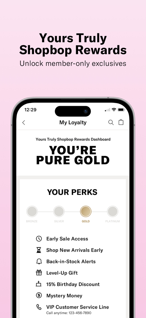 Shopbop Yours Truly rewards dashboard showing loyalty tiers and member perks like early sale access and birthday discounts