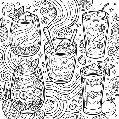 Blend up some creative fun with this delightful coloring page featuring an assortment of creamy yogurt smoothies. Each glass is overflowing with fresh fruit toppings and surrounded by whimsical patterns, offering a refreshing coloring experience.