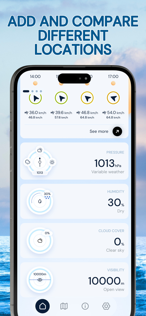 Tela de smartphone exibindo o aplicativo Wind Radar comparando dados meteorológicos e condições de vento em vários locais