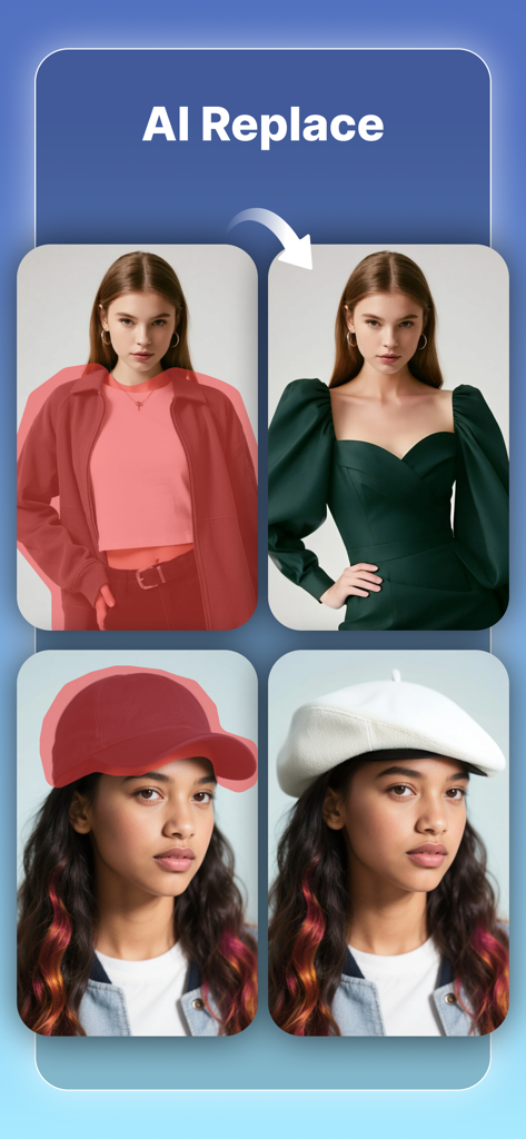 Object Removal AI - AI Retouch - 여성의 재킷이 드레스와 야구 모자가 흰색 베레모로 교체된 것을 보여주는 AI 교체 기능 시연
