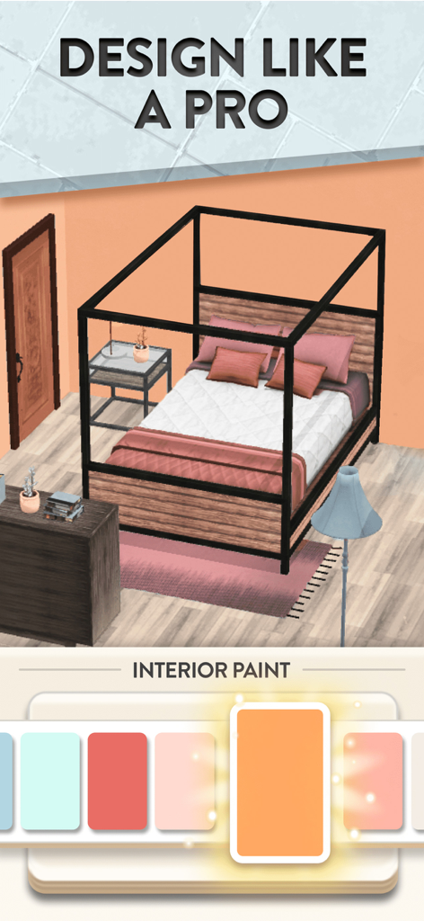 House Flip - A 3D bedroom renovation scene in House Flip showing a canopy bed and interior paint color swatches.