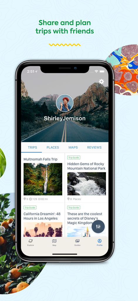 Roadtrippers app user profile screen showing saved travel itineraries and trip guides for planning with friends
