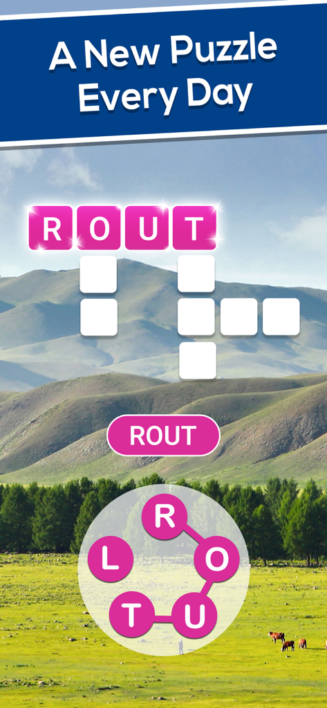 Crossword Jam: Fun Word Search - Crossword Jam daily puzzle screen showing word connections over a scenic mountain landscape