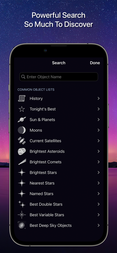 SkySafari - SkySafariアプリの検索画面。惑星や星などの一般的な天体リストが表示されます。