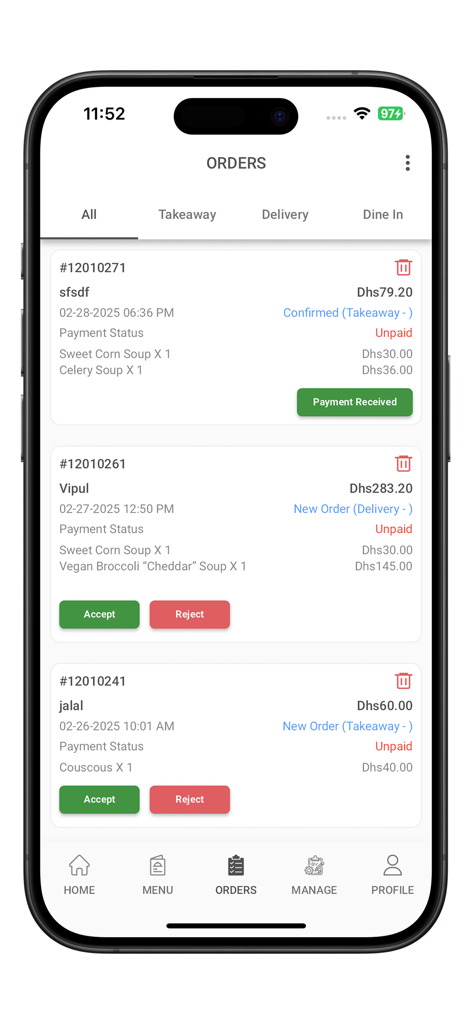 Foodiv app dashboard displaying active restaurant orders with options to accept or reject
