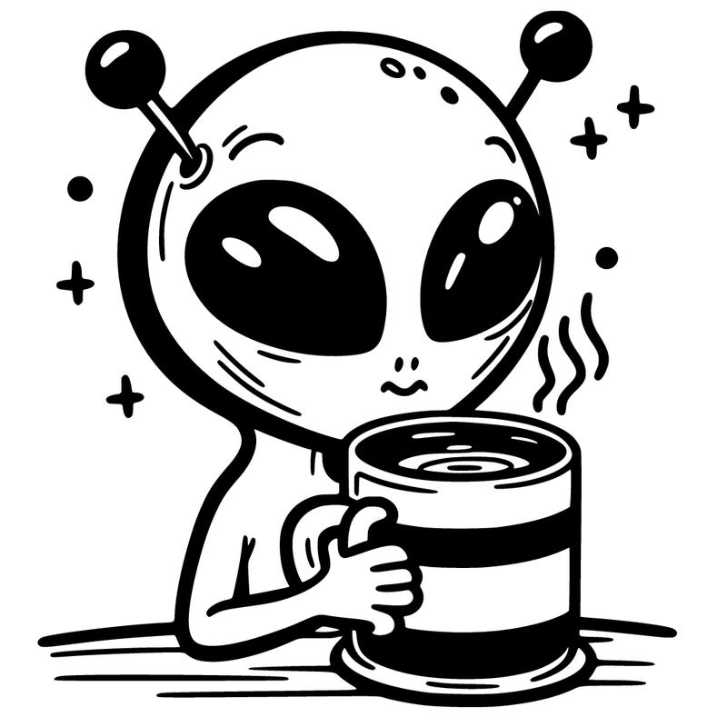 alien drinking coffee