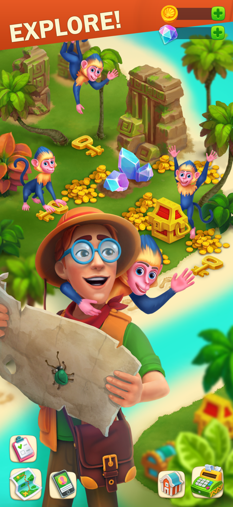 The Farmers: Island Adventure - A character holding a map while exploring a tropical island with monkeys and gold treasure