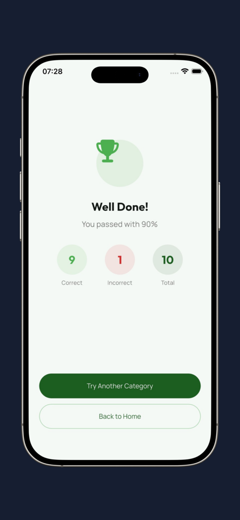 A mobile app screen showing a successful 90 percent score on a Zimbabwe driving test practice quiz