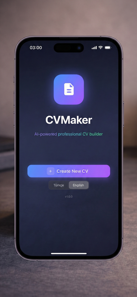 Pantalla de inicio de la aplicación CV Maker AI con un botón Crear Nuevo CV y diseño en modo oscuro.