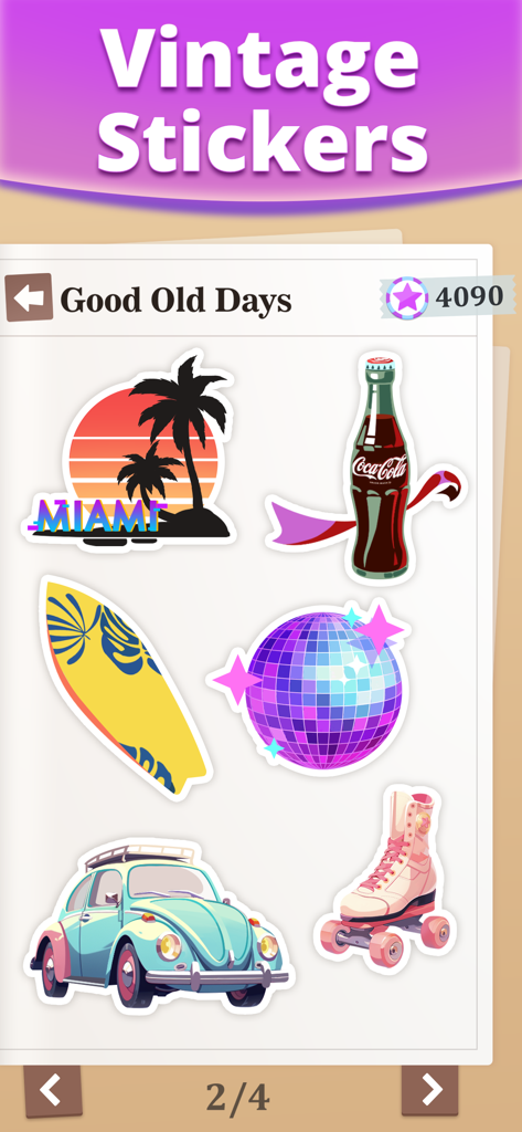 Eine Sammlung nostalgischer Vintage-Aufkleber wie ein Oldtimer und ein Rollschuh in der Vita Kreuzworträtsel-App
