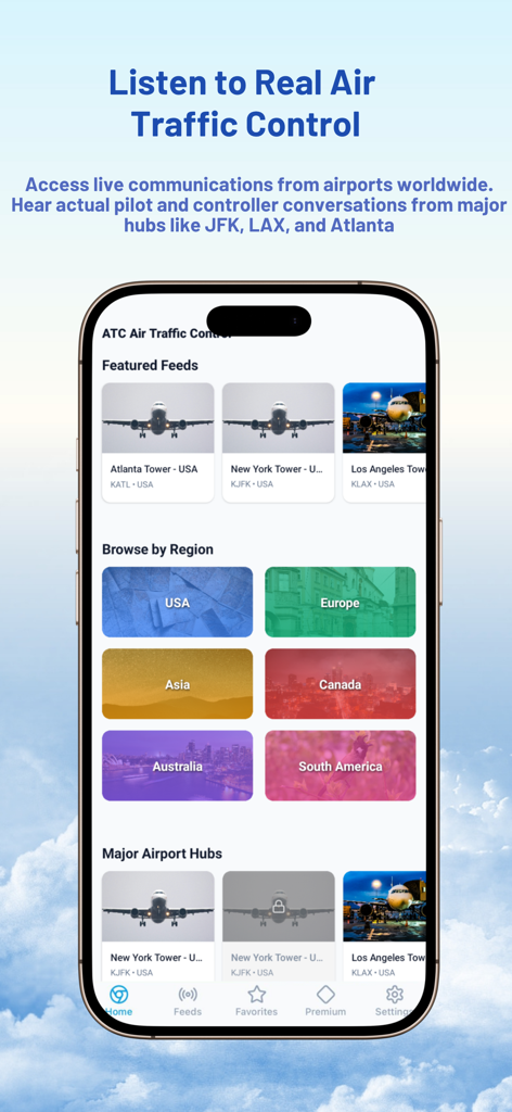 ATC Air Traffic Control - Home screen of the ATC Air Traffic Control app showing featured airport feeds and regional categories for live radio communications