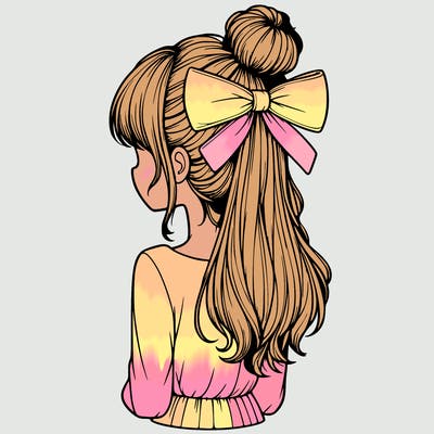 realistic girl  with hip length hair a bun and a big bow on the back of head