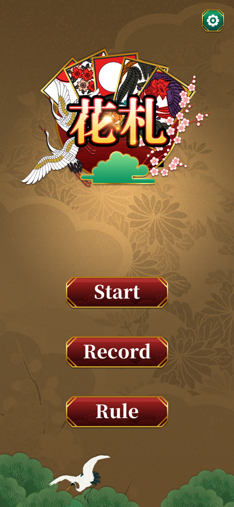 Hanafuda･Koi Koi - Menú principal de la aplicación Hanafuda Koi Koi con arte de cartas tradicional japonés y botones para Iniciar, Registro y Reglas.