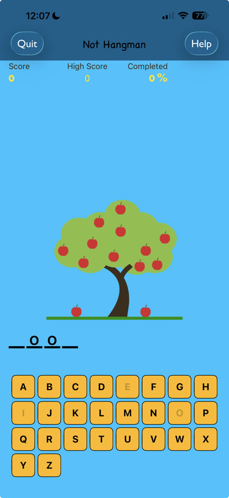 Not Hangman spelling game screen featuring an apple tree and alphabet keyboard