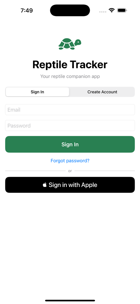 Reptile Tracker: Pets - Reptile Tracker app sign in screen with email and Apple login buttons