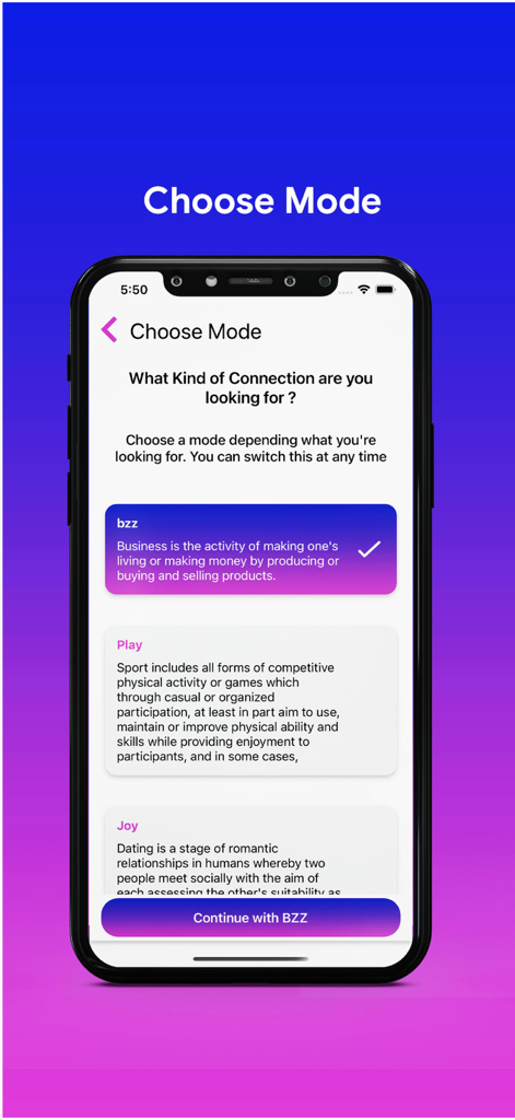 Igniter - On Demand Dating App - Igniter app screen showing options to choose between business sport and dating modes