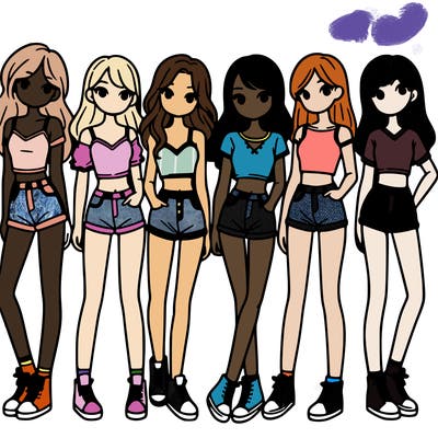 a group of girls wearing crop tops and shorts