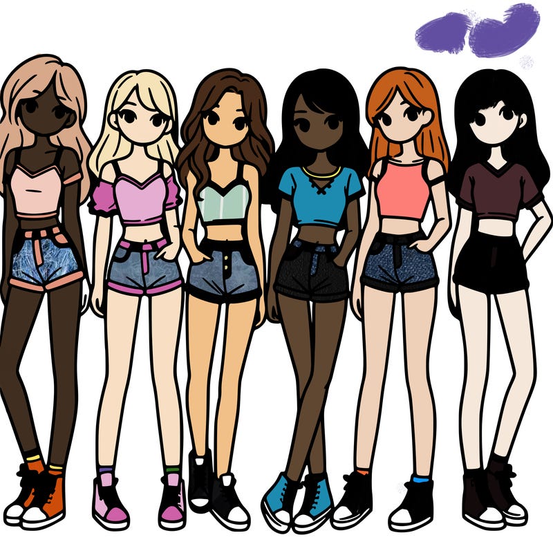 a group of girls wearing crop tops and shorts