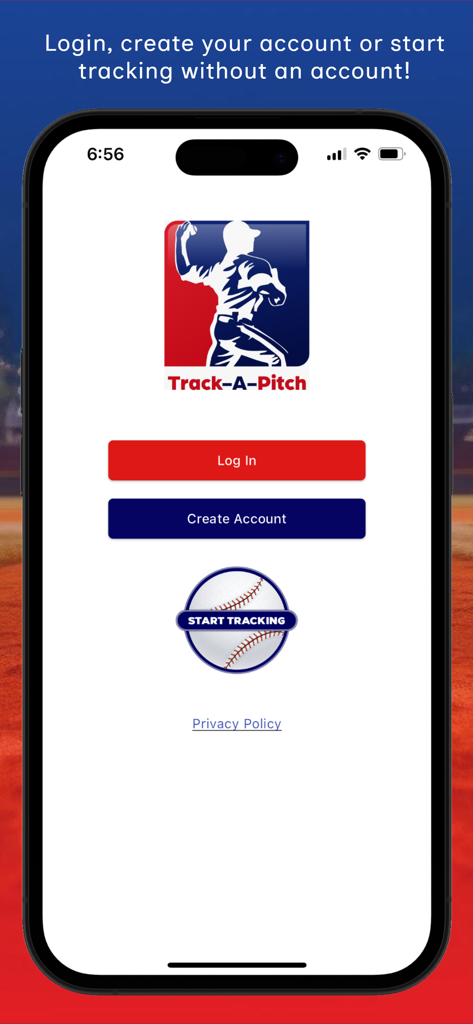 Tela de boas-vindas do aplicativo móvel Track-A-Pitch com opções para fazer login, criar uma conta ou começar a rastrear sem conta