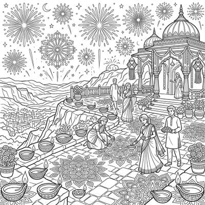 Discover the vibrant spirit of Diwali with this captivating coloring page, set against the stunning backdrop of a plateau. Embellished with beautiful rangoli designs, glowing diyas, and spectacular fireworks, this intricate scene invites you to unleash your creativity and celebrate the Festival of Lights.