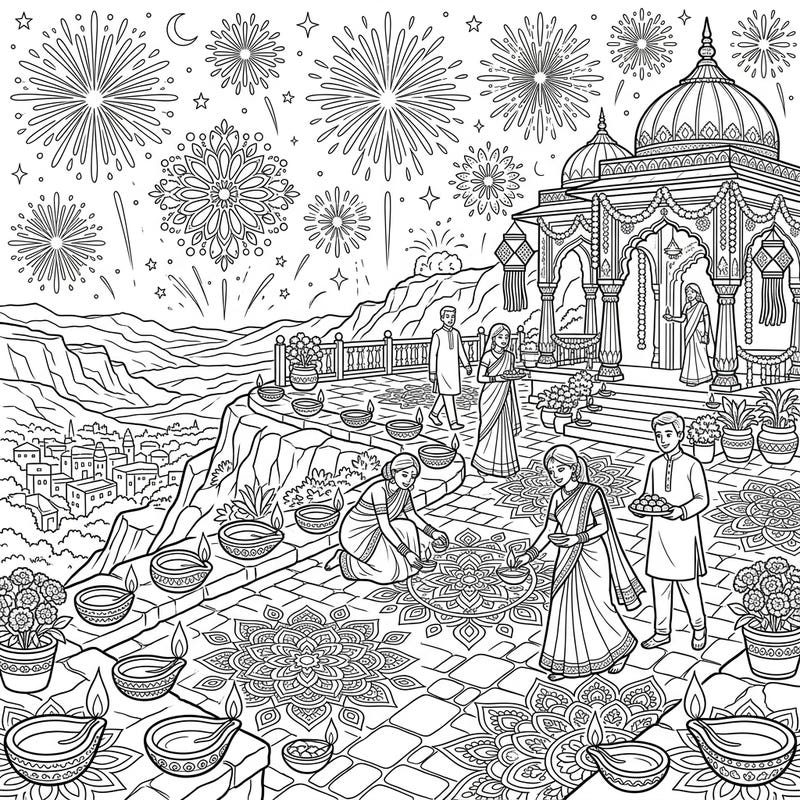 Discover the vibrant spirit of Diwali with this captivating coloring page, set against the stunning backdrop of a plateau. Embellished with beautiful rangoli designs, glowing diyas, and spectacular fireworks, this intricate scene invites you to unleash your creativity and celebrate the Festival of Lights.