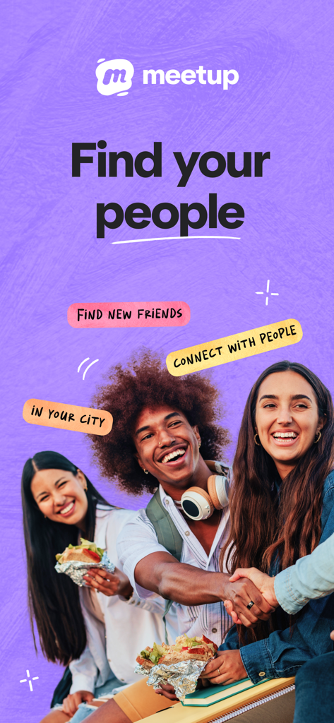 Three young adults smiling and shaking hands over lunch with text saying Find your people and Connect with people in your city.