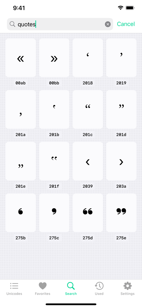Interface do aplicativo Codepoint mostrando resultados de pesquisa de aspas com vários glifos Unicode.