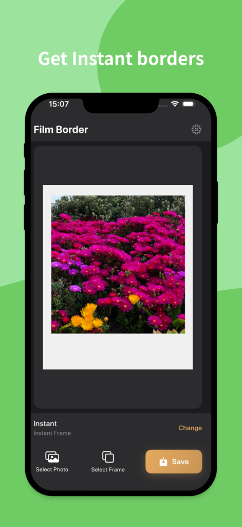 Film Border - Interface of the Film Border app displaying a photo of pink flowers with a classic white polaroid frame