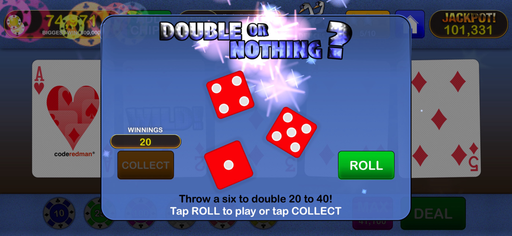 Minijuego de dados Doble o Nada en la aplicación Video Poker Jackpot