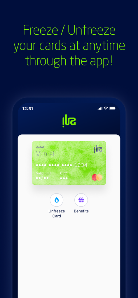 Ila Bank mobile app interface showing a green virtual debit card with options to freeze or unfreeze it