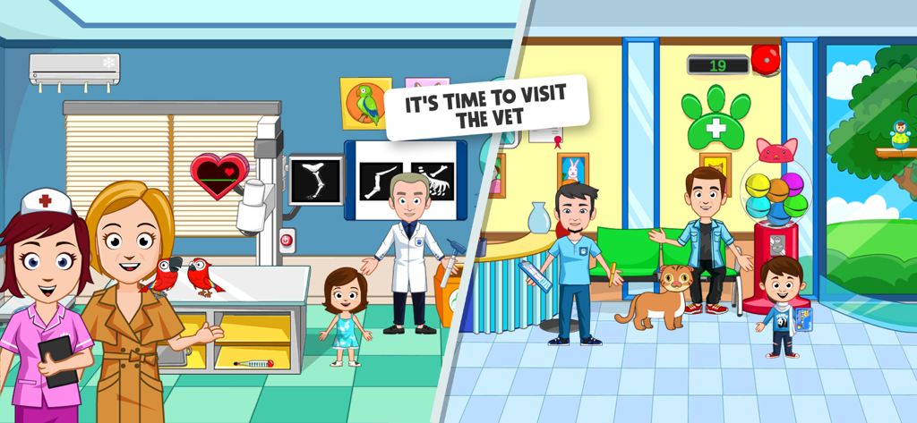 Split screen showing a veterinary exam room and waiting area with various characters and pets in the My Town Pets game