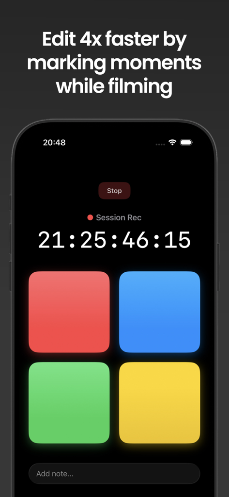 Marker for Creators - クリエイター向けマーカーのスマートフォンインターフェース。カラフルなマーカーボタンとセッションタイムコードが表示され、効率的なビデオ編集が可能。