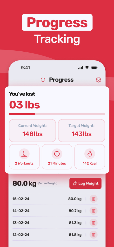 Wall Pilates: 28 Day Challenge - Progress tracking screen showing weight loss stats and workout history in the Wall Pilates app