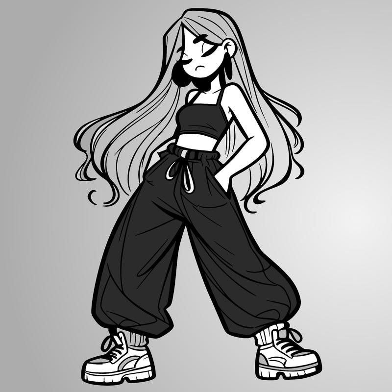 girl in baggy pants crop top and long hair